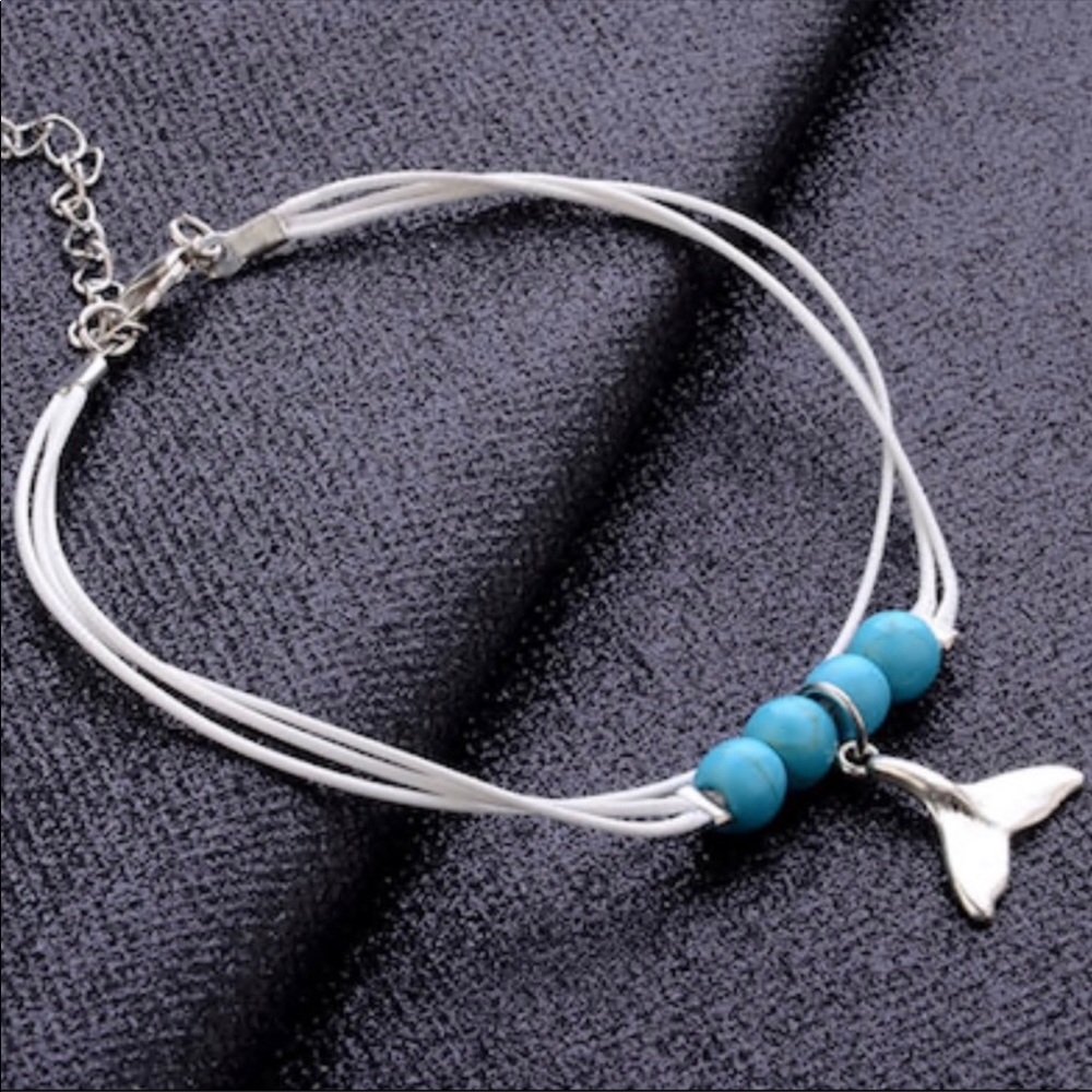White Turquoise Fishtail Cord Anklet